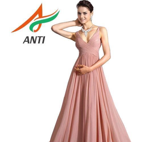 ANTI Pink Chiffon Vestido De Festa Longo Sexy V-Neck Vestidos De Fiest A-Shaped Bridesmaid Dress Suitable For Party Dress