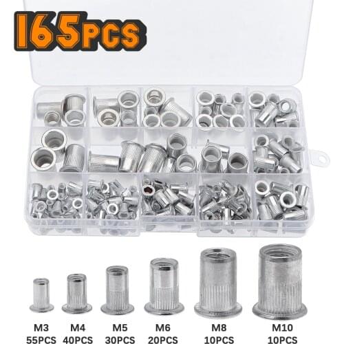 165pcs M3 M4 M5 M6 M8 M10 Rivet Nuts Set Aluminum Alloy Flat Head Rivet Nuts Insert Rivets with Plastic Box Mix Sizes