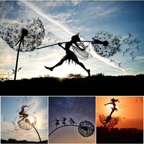 2D Garden Fairy Decoration Stake Fairy Playing on/with The Dandelion Metal Art Elf Silhouette Ornament Home Yard Lawn Art Decor