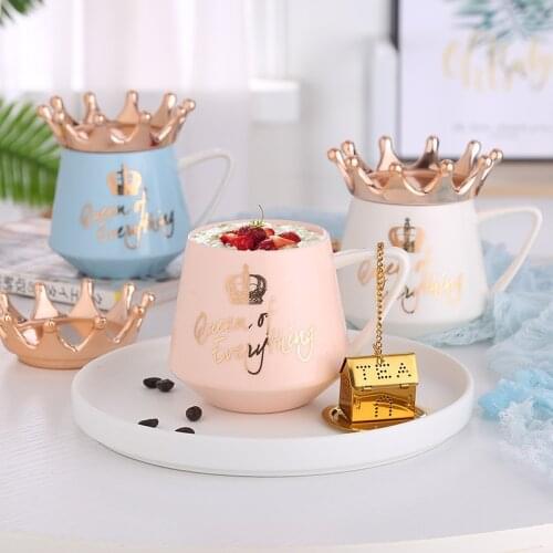 300ML Ceramic Coffee Mug With Golden Crown Lid Milk Cup Nordic Style Creative Best Gift For Boyfriend Girlfriend Home Water Cups