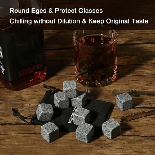 9 Granite Chilling Stones Whiskey Stones Gift Set Whisky Rocks - Reusable Ice Cubes with Tongs Stopper - Best Drinking Gift