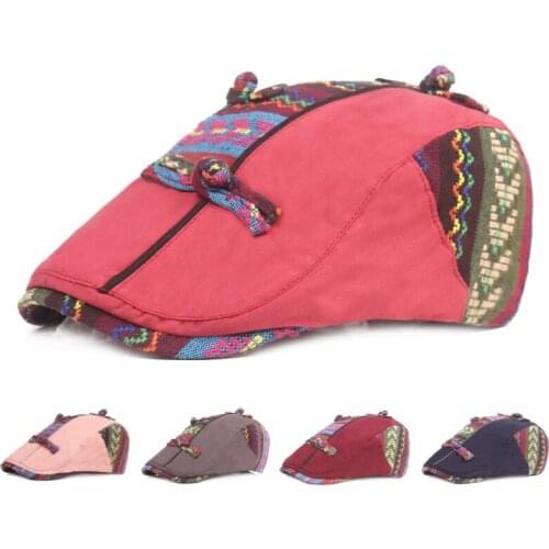 Chinese Style Beret Hat Ladies Embroidered Disc Buckle Forward Hat Ethnic Style Art Girl Beret Womens Hat Casual Winter Hat