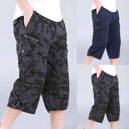 Long Length Cargo Men Summer Zipper Closure Capri Pants Elastic Waist Casual Multi Pockets High Waist Straight Cargo Pants 2021