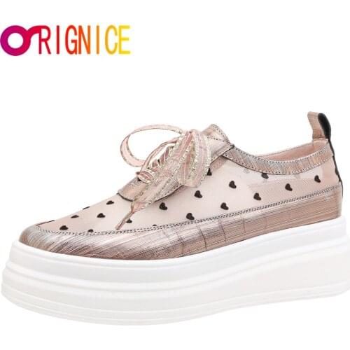 Orignice Design Hollow Mesh Breathable Heart Embellishment Sneakers Fashion Platform Thick Heel Lace Up Summer Student Shoes