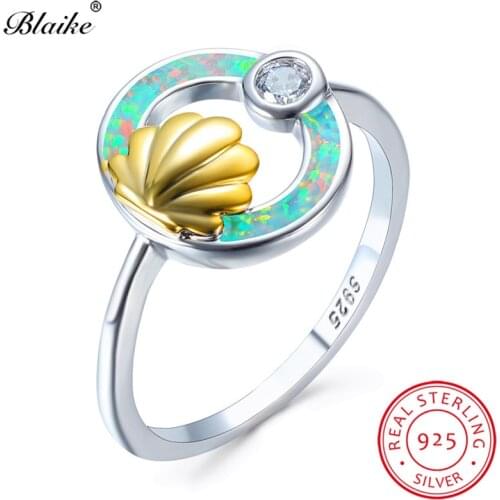 S925 Sterling Silver Shell Conch Ring White Fire Opal Rings For Women Zircon Round Wedding Bands Promise Engagement Ring Jewelry