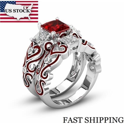 US STOCK Uloveido Red 2pcs Rings for Women Engagement Ring with Stone February Queen Ring Jewelry Gifts for Women 20% KR001
