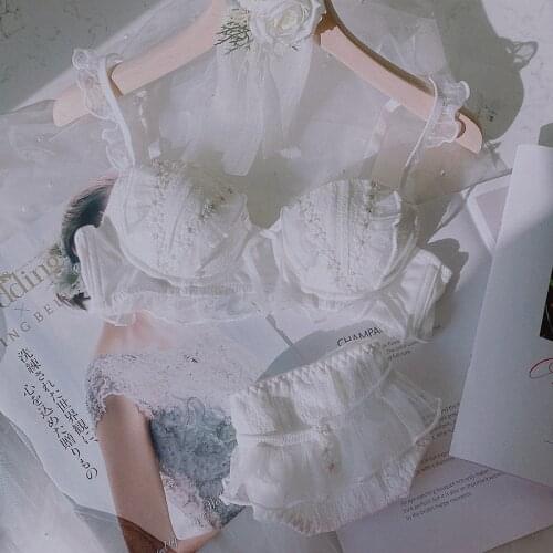 Sexy Transparent Lace Bra Set Women Underwear Wire Free Bra and Panty Thong Sets White Pink Kawaii Lingeire Youth Intimates New