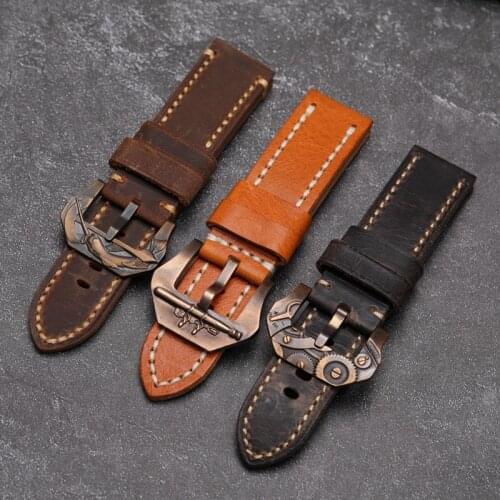 Hand-Folded Leather Watchband 20 22 24 26MM Vintage Bronze Leather Strap Suitable For PAM Pure Copper Buckle
