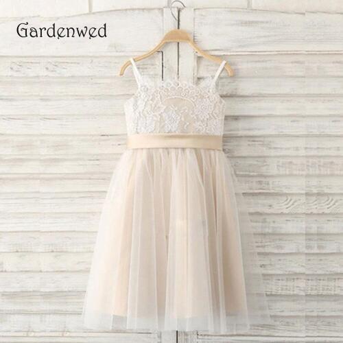 Lace Top Little Girl Cute Flower Girl Dresses 2019 Formal Communion Champagne Knee Length Gown Kids Bow Wedding Party Cheap