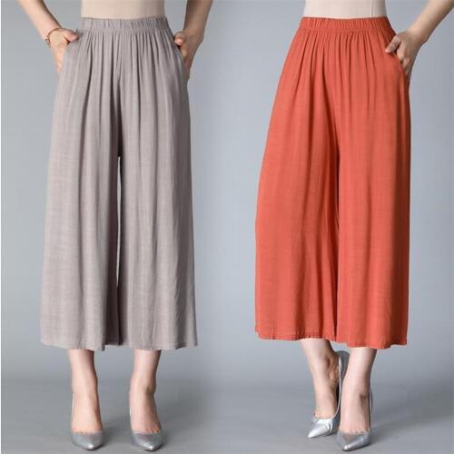 Summer Women Wide Leg Pants 8 Color Ladies Ankle-Length Straight Trousers With Pocket Cotton Comfortable Pants Plus Size 6XL 7XL