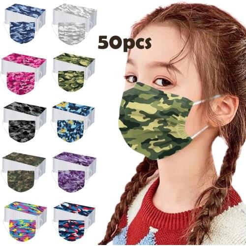 50pcs Cosplay Camouflage Disposable Mask Kids Printed 3ply Filters With Nose Strip Mouth Masks Halloween Costume Mascarillas