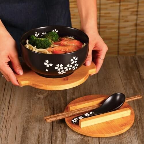 Japanese Style Rice Noodle Bowl With Lid Spoon Chopstick Kitchen Tableware Ceramic Salad Soup Bowl Food Container Dinnerware