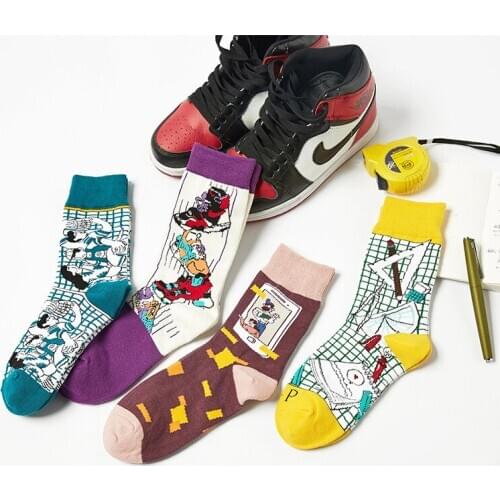 PEONFLY Harajuku Style Socks Unisex Cartoon Illustration Pattern Funny Happy Socks Novelty Skateboard Crew Casual Socks Women