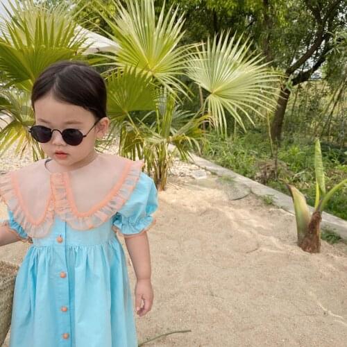 Baby Girls Dress Summer New Korean Child Puff Sleeve Net Yarn Lapel Dress 2-7 Years Girls Clothing Kids Cotton Fashion Dresses