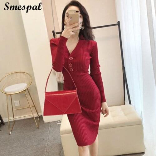 Women Sexy V Neck Long Sleeve Sweater Dresses Office Ladies Red Bodycon Dress