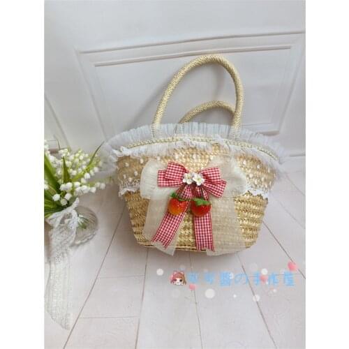 2021Lolita Strawberry Bow Rattan Box Woven Basket Wheat Straw Handbag Soft Girl Kawaii Cosplay Picnic Photo Outdoor Bag Props