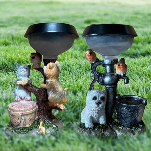 Garden Sculpture Ornament Solar Puppy Cat Dog Statue with Lighting Animal Sculpture Outdoor Garden Lawn Decor