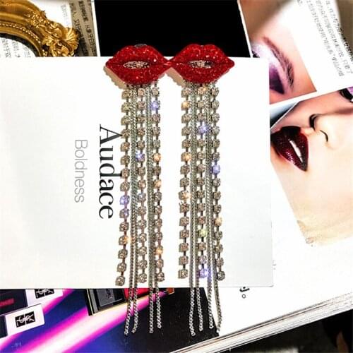 Long Tassel Crystal Drop Earring for Women Red Mouth Rhinestone Dangle Earrings Wedding Party Jewelry Gifts