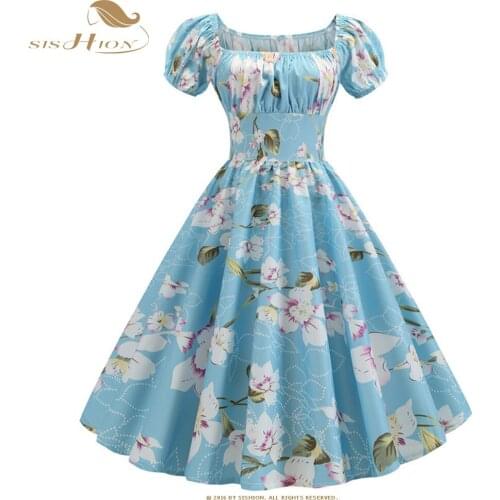 SISHION Short Sleeve Summer Dress 2021 VD1284 50s 60s Hepburn Swing Vintage Floral Print Blue White Women Dress