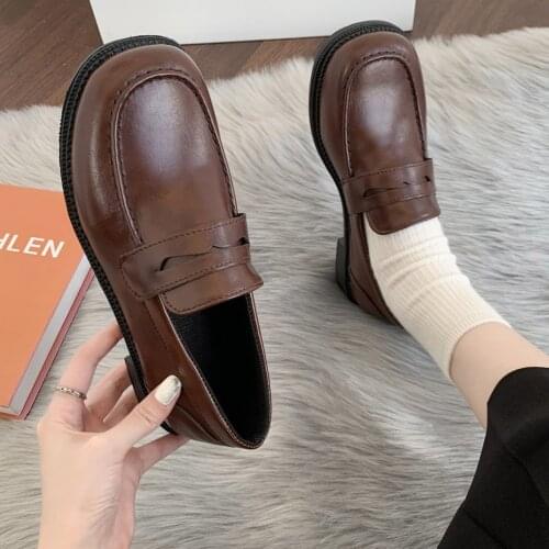 Brown Black Punk Platform Women Loafers Round Toe Chunky Heel Vintage Shoes Women Slip on flats shoes Women zapatos de mujer