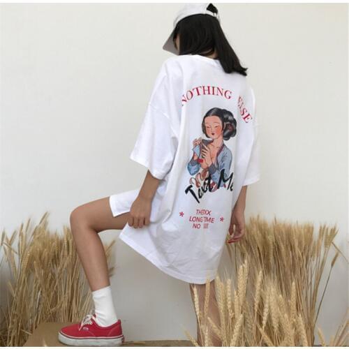 TREND-Setter 2018 Summer and Spring Harakuju Letter T Shirt Women Cartoon Pattern Tops Whiet and Black Tee High Street Oversize