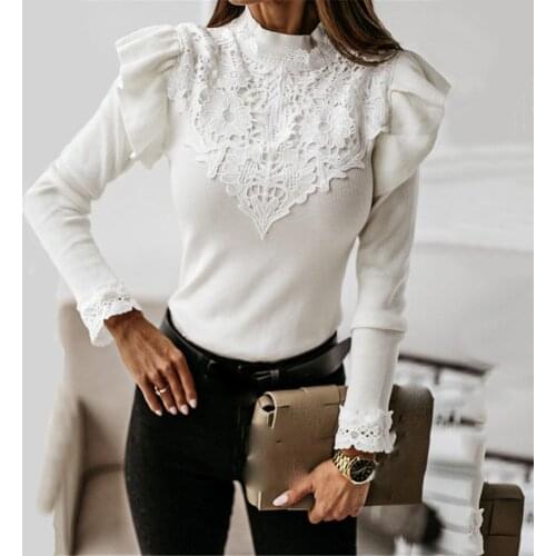 2020 Women Lace Patchwork T-shirt Long Sleeve Turtleneck Skinny Tshirt Autumn Winter Fashion Slim Butterfly Sleeve Solid T Shirt