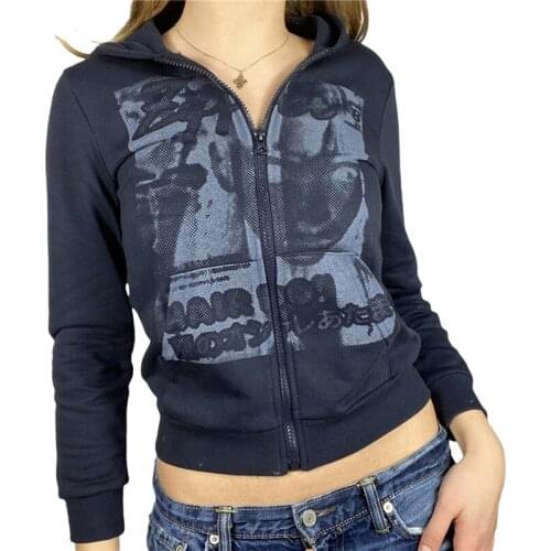 Women Harajuku Hooded Jacket Y2k Graphic Printed Pattern Hooded Tops Zipper Closure Coat with Pockets E-Girls 90s Streetwear