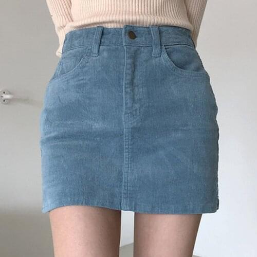 Womens Uniform Jean Skirts Soild Color Waist Vintage Cordur A-line Skirt High Waist Check Pleated Skirt New Ropa Mujer 2021
