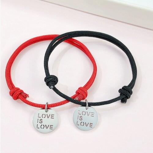 LOVE IS LOVE Coulpe Bracelets Coin Round Adjustable Rope Chain Bracelet Gift for Woman Men Anniversary Valentines Day