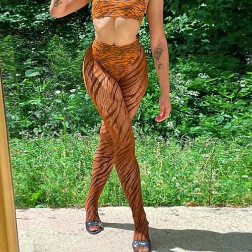 Women Printed Bottoms Sexy Bar Nightclub Mesh See Through Leggings Pants 2021 Summer Sporty Fitting Pantyhose