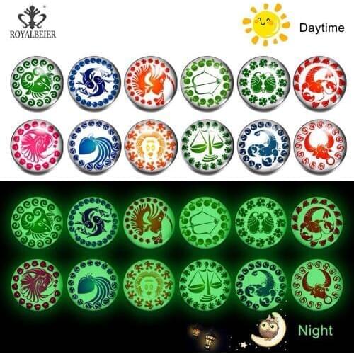 RoyalBeier New Luminous Round Luminous 12 Constellations Glass Snap Button Fit 18mm Snap Bracelet for Women Accessories Dropship