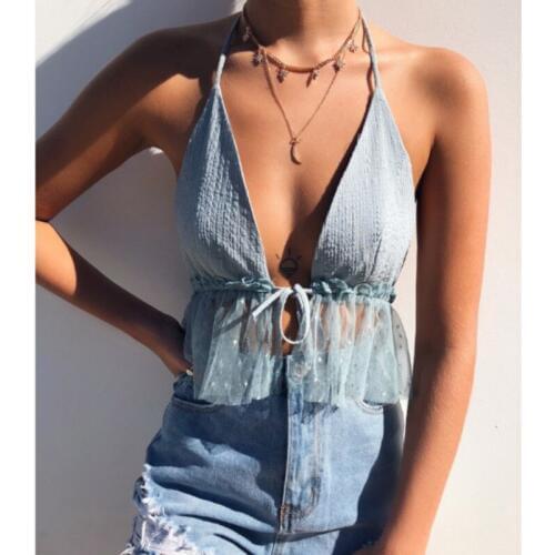 Women Sleeveless Crop Top Backless Vest Top V neck Halter Short Bralette Bustier Mesh Ruffles Shirts For Girls