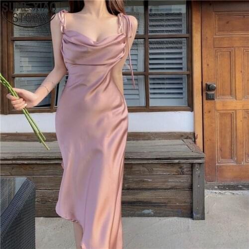 Sexy Camisole Dress Summer Satin Dress Korean Pink Women Backless Party Midi Dress Female Adjustable Sling Elegant Dresses 15074