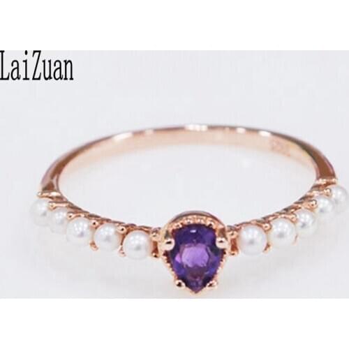 LaiZuan Solid 14K (AU585) Rose Gold 0.5ct Genuine Natural Amethyst Freshwater Pearl Engagement Ring Women Party Romantic Jewelry