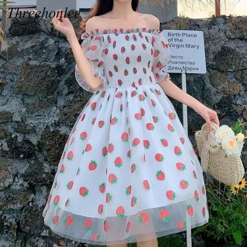 Women Korean Strawberry Dress 2021 Summer Fashion French Lace Chiffon Sweet Casual Puff Sleeve Elegant Printed Kawaii Dress