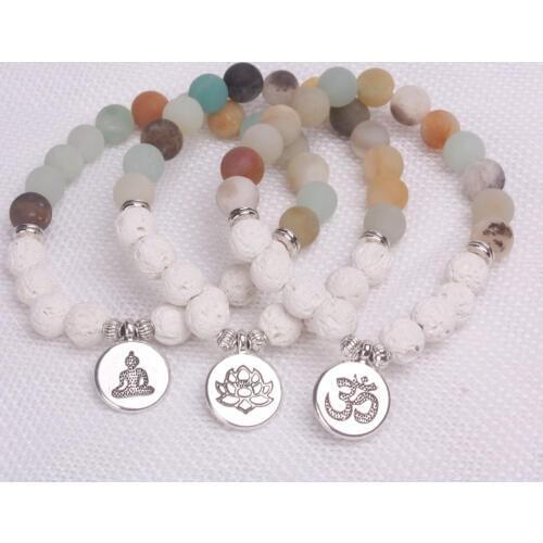 1pcs White Lava Stones And Matte Frosted Amazonite Beads With Lotus OM Buddha Charm Yoga Bracelet