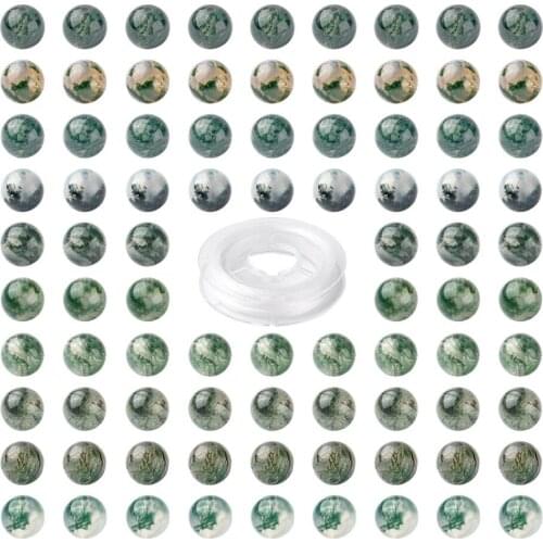 100Pcs Natural Stone Beads 8mm Moss Agate Gemstone Round Loose Beads with Elastic String Jewelry Making Kit DIY Stretch Bracelet