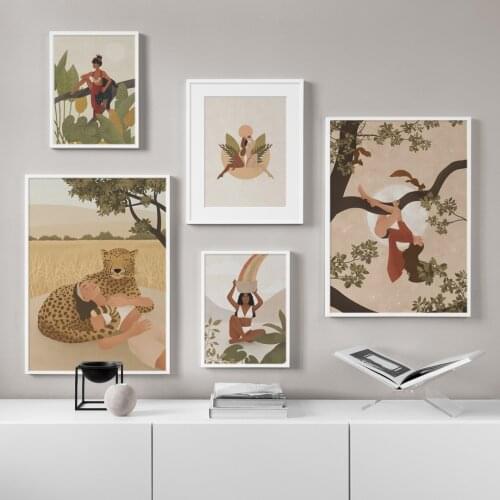 Abstract Girl Leopard Cactus Tropical Plants Nordic Poster Wall Art Print Canvas Painting Home Decor Pictures For Living Room