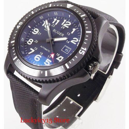 BLIGER Brand 44mm Automatic Men Watch Date Window Rotating Bezel PVD Watch Case Black Dial Leather Strap