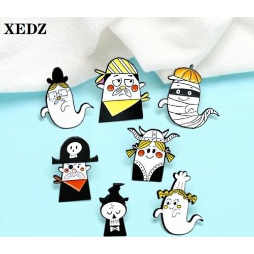 XEDZ funny ghost enamel brooches cute woman headscarf uncle skull mask pirate pumpkin cook devil badge punk lapel pins jewelry