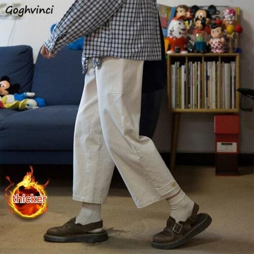 Ankle-length Pants Women Wide Leg Solid High Waist Japanese Thicker Winter Fashion All-match Clothing Pockets Casual Streetwear