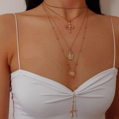 Fashion Jewelry Choker Necklaces Elegant Necklace For Women Portrait Embossed Cross Pendant Chain Multilayer Metal