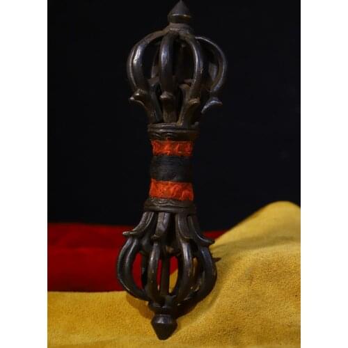 Home Decor 6" Tibet Buddhism Temple Old Bronze Dharma Dorje Vajra Phurba Dagger Holder Ward off evil spirits