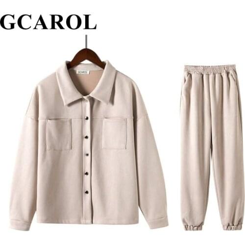 GCAROL Women Velvet Tracksuits Jacket And Elastic Waist Pants Drop Shoulder Bright Color Oversized Coat Harem Pants Overalls