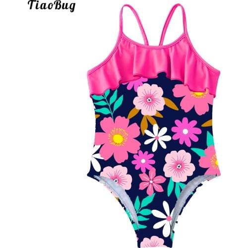 TiaoBug Summer Kids Girls One-Piece Swimming Suit Straps Hollow Out Ruffle Trim Jumpsuit Bodysuit Beach Bathing Swimwear