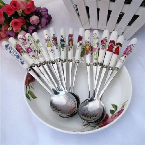 Korean tableware Bone China stainless steel spoon 21cm large spoon creative lovely ceramic long handle spoon