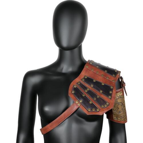 Brown Rivets PU Leather One Shoulder Steampunk Armor Shawl With Sleeve Halloween Party Vintage Cosplay Prop Gothic Accessories