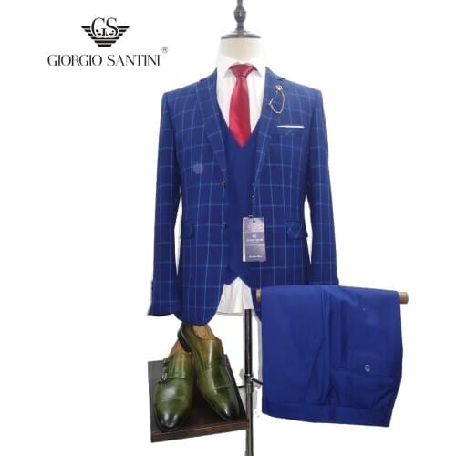 SLIM FIT 2020 GIORGIOSANTINI casual suit blue plaid 3-piece suit (Blazer + trousers + vest)