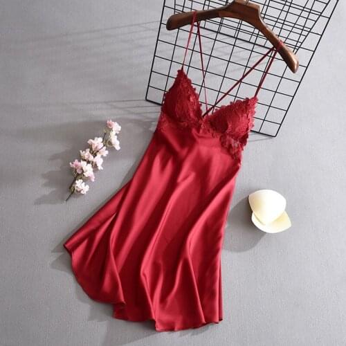 Summer Women Sleepwear Nightdress Spaghetti Strap Nightgown Sexy Satin Sleep Dress Lace Patchwork Intimate Lingerie Nightwear