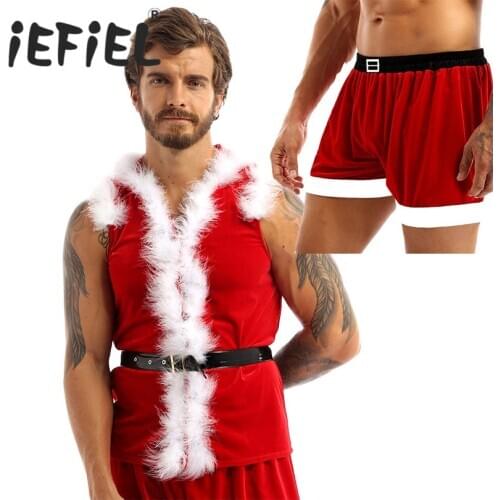 Mens Xmas Clothes Velvet Hooded Coat Faux Fur Trimming Christmas Party Sexy Costumes Santa Claus Cosplay Holiday Boxer Shorts